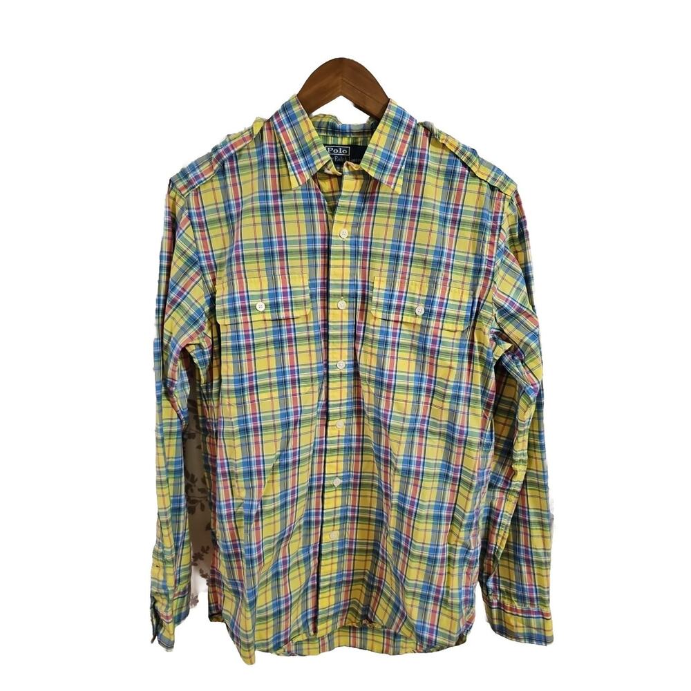 Polo Ralph Lauren Shirt Mens Size Small Yellow Tartan Plaid Shoulder Straps